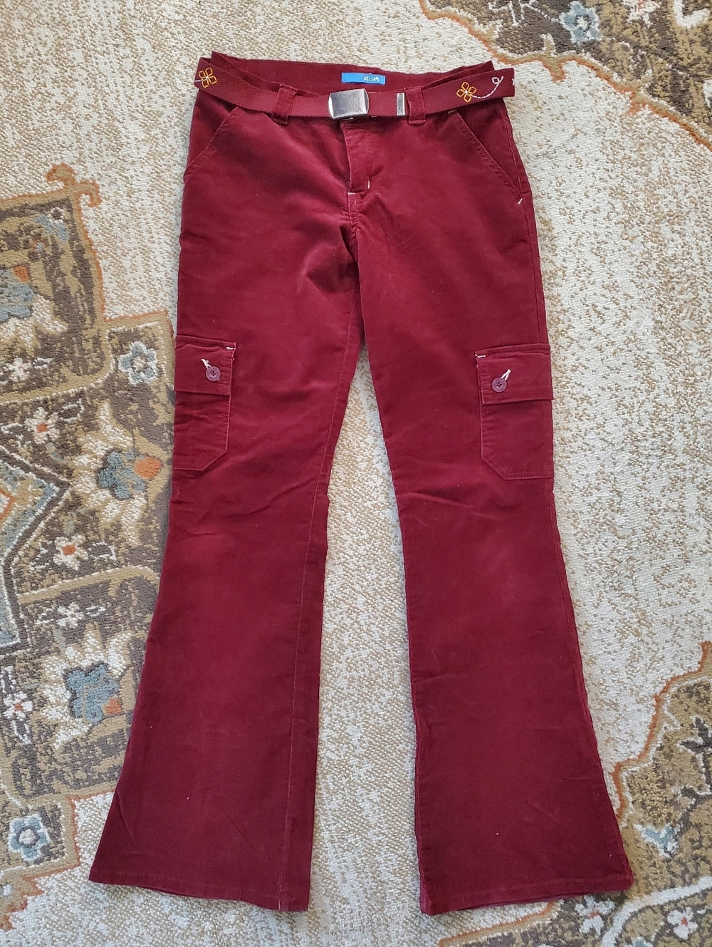 DELIAS Y2K Corduroy Cargo Flares Embroidered Belt 3